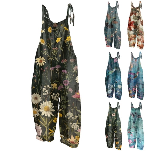 Women Floral Printed Adjustable Strap Denim Bib Overall Wide Leg Casual Baggy Overalls Jumpsuit