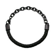 Arista Black Leather Men's Bracelet in Black Plated Solid Stainless Steel