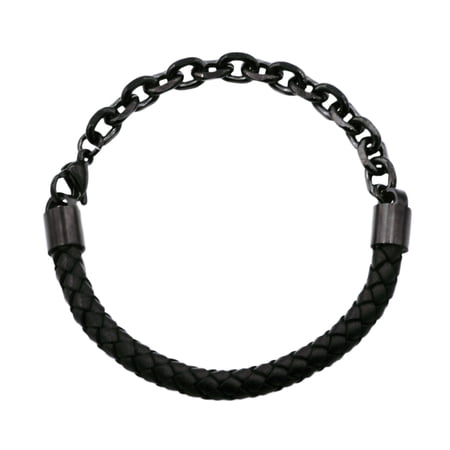 Arista Black Leather Men's Bracelet in Black Plated Solid Stainless Steel