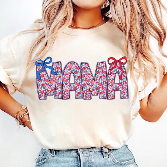 4th of July Mama T-Shirt, Floral American Mom Shirt, USA Independence Day T-Shirt, Patriotic Summer Outfit, Cute Coquette T-Shirt