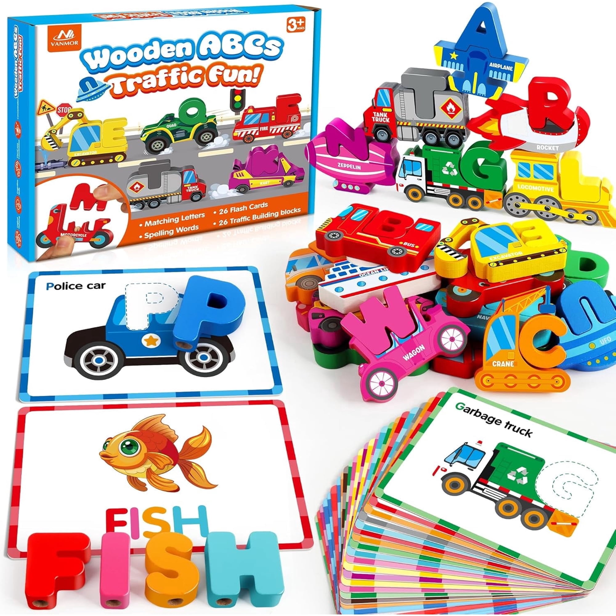Wooden Alphabet Puzzle Learning Toys for Kids Ages 3-5 , Traffic ABC Letter Sight Words Matching Game with 52 Blocks and Flash Cards, Montessori Spelling Game Preschool Toys for Kids 4-8