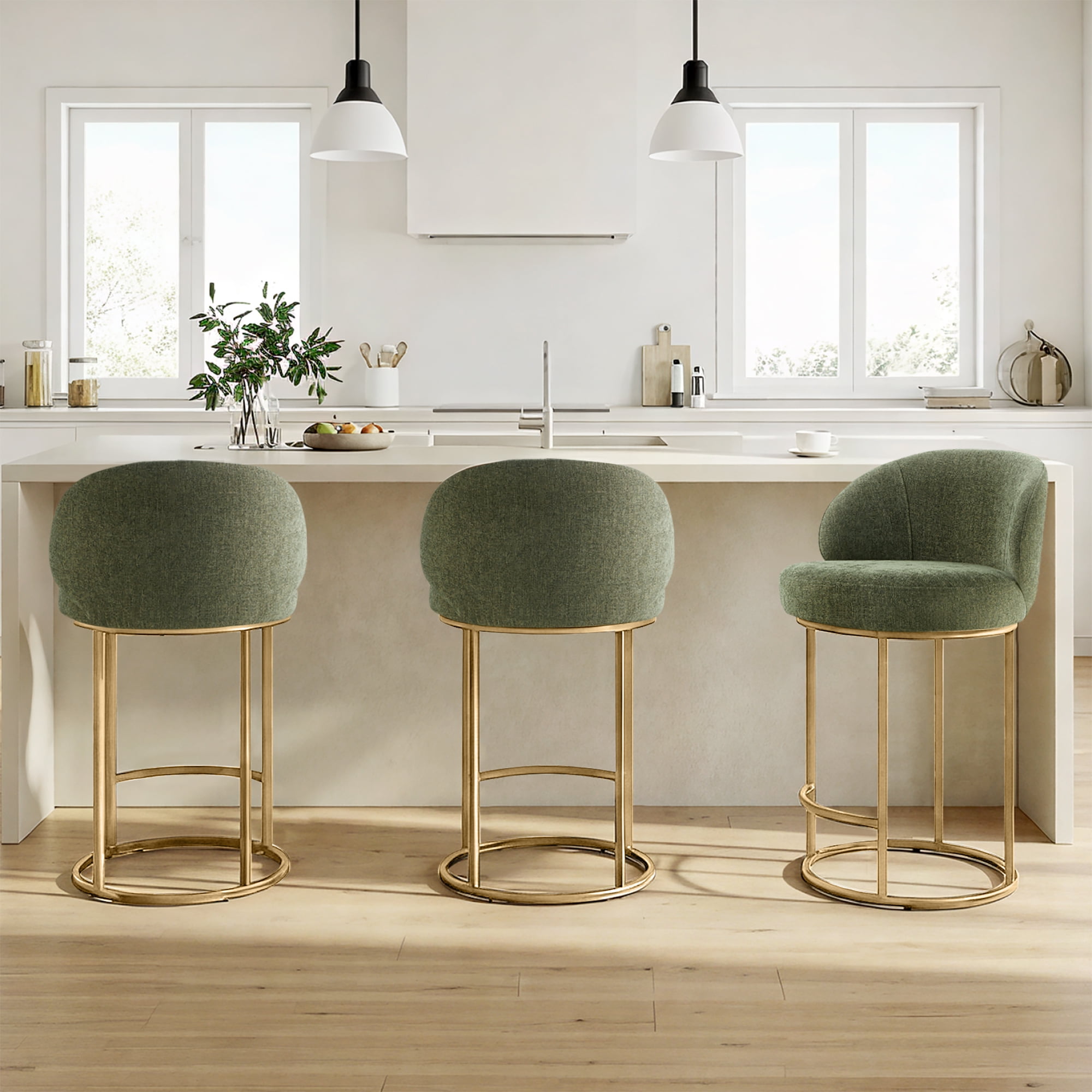 Spruce & Spring Counter Height Swivel Bar Stool with Arched Back and Metal Base Set of 2, Moss Green, Bronze Frame