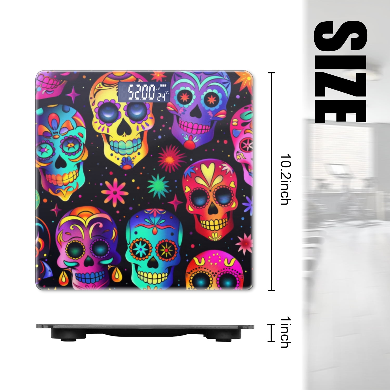 High Precision Body Weight Scale Smart Bathroom Scales with Large LCD Display(400lbs),Decorative for Bedroom-Colorful Pattern Of Skulls On Black Background