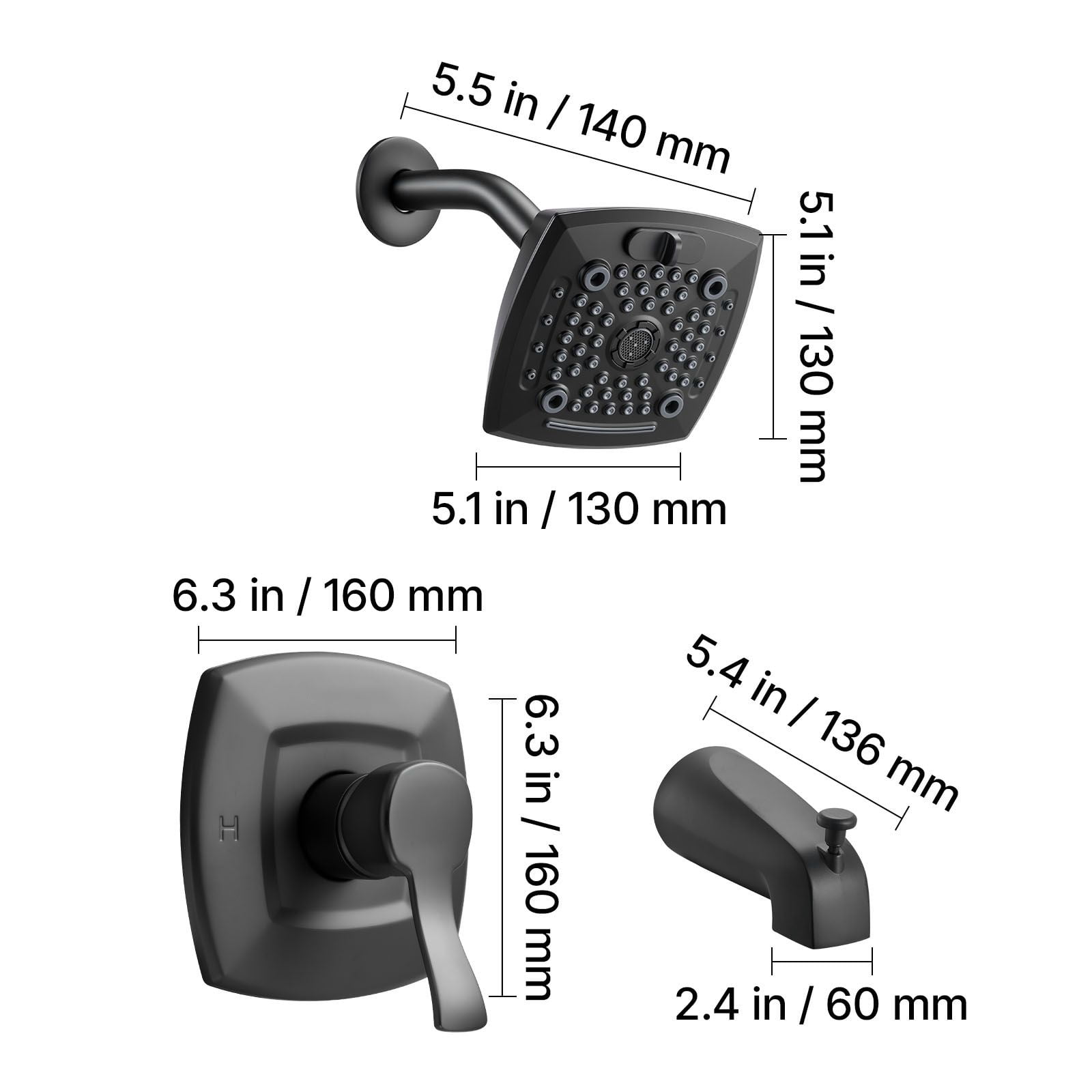 Tub and Shower Faucet Set 4-Piece Pressure Balancing Valve 5 Shower Modes Matte Black for Bathroom