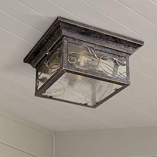 French Garden Rustic Outdoor Ceiling Light Hanging Bronze Leaf and Vine Motif 11" Seedy Glass Damp Rated for Exterior House Porch Patio Outside Deck G