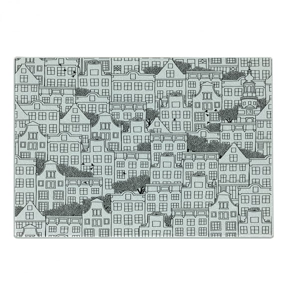 Urban Cutting Board, Modern Illustration of Dutch Style European Houses Buildings Busy Urban Life Sketch, Decorative Tempered Glass Cutting and Serving Board, Small Size, Black White, by Ambesonne