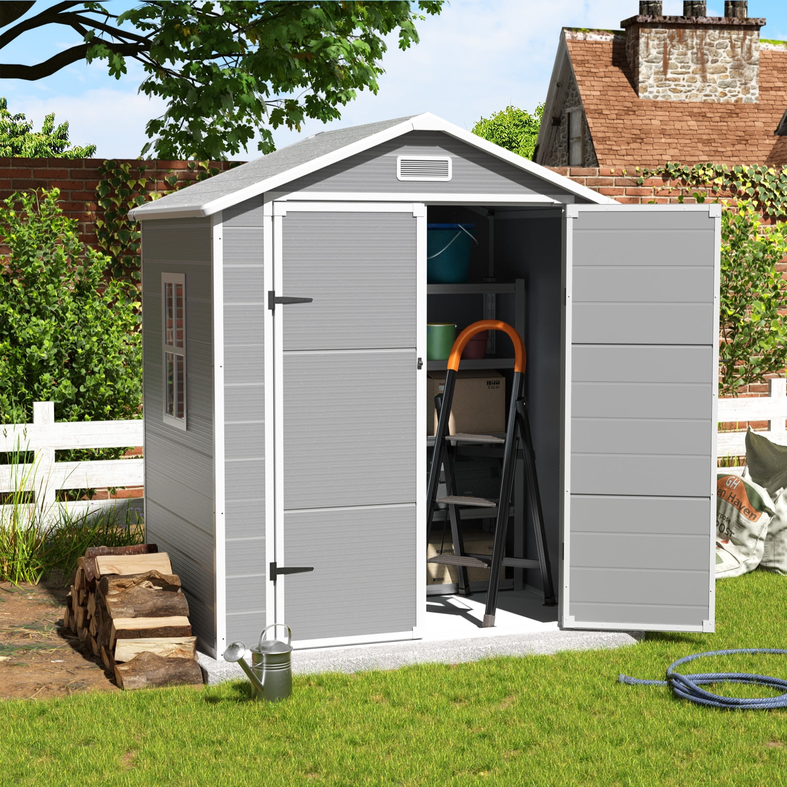 ELPOSUN Outdoor Storage Shed 6x4.5 ft, Resin Outside Sheds & Outdoor Storage Plastic for Trash Can, Bike, Lawnmower, Generator, Tool Shed with Lockable Door for Backyard, Lawn, Patio, Grey & White