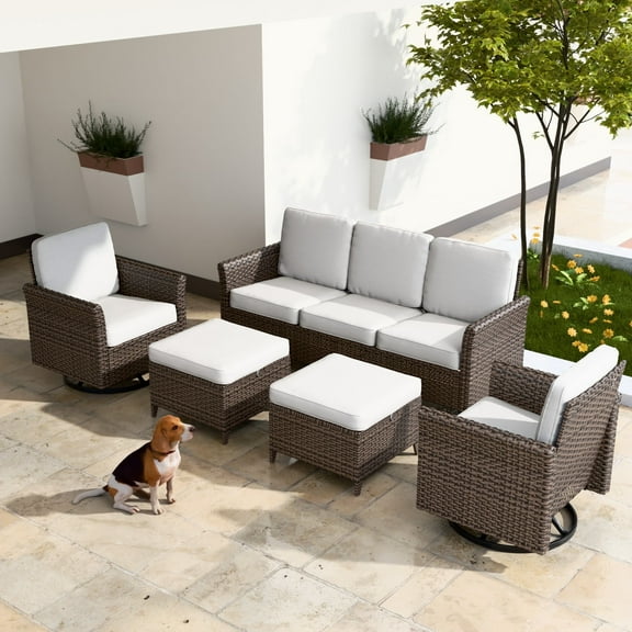 EAGLE PEAK Ocean Vista 5 piece Patio Variated Brown Wicker Sofa Set Swivel Chairs, 3-Seat Sofa Set, Beige Cushions