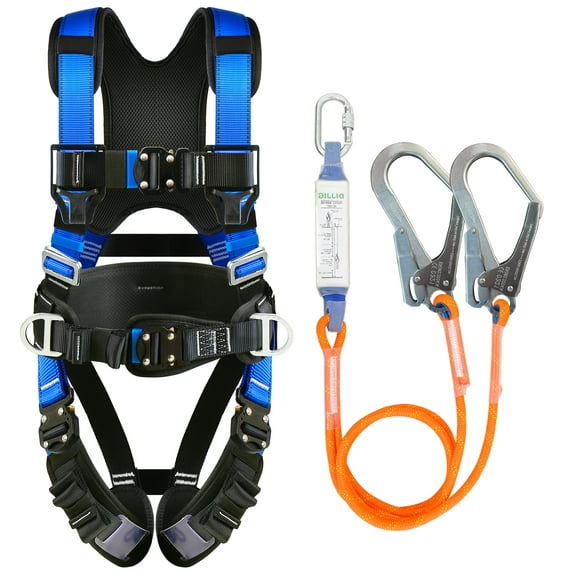 Fall Protection Premium Safety Harness with Shock Absorbing Lanyard, Vented & Padded Shoulder, Legs & Back - Upgrade 4 Quick Buckles