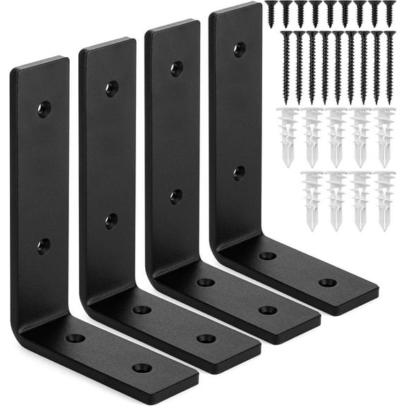 Solenne Premium Heavy-Duty Shelf Brackets - Quarter Inch (1/4") Thick - Rustic Industrial Modern Farmhouse Black Iron Finish Open Shelving Holder Hanger w/ Hardware