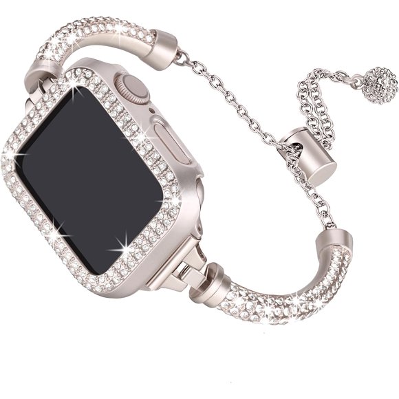XiHAMA Bling Band and Case Compatible with Apple Watch Band 38mm 40mm 41mm 42mm 44mm 45mm, Women Dressy Metal Bracelet with Rhinestone Bumper Compatible with iWatch Series 9/8/7/SE/6/5/4/3/2/1