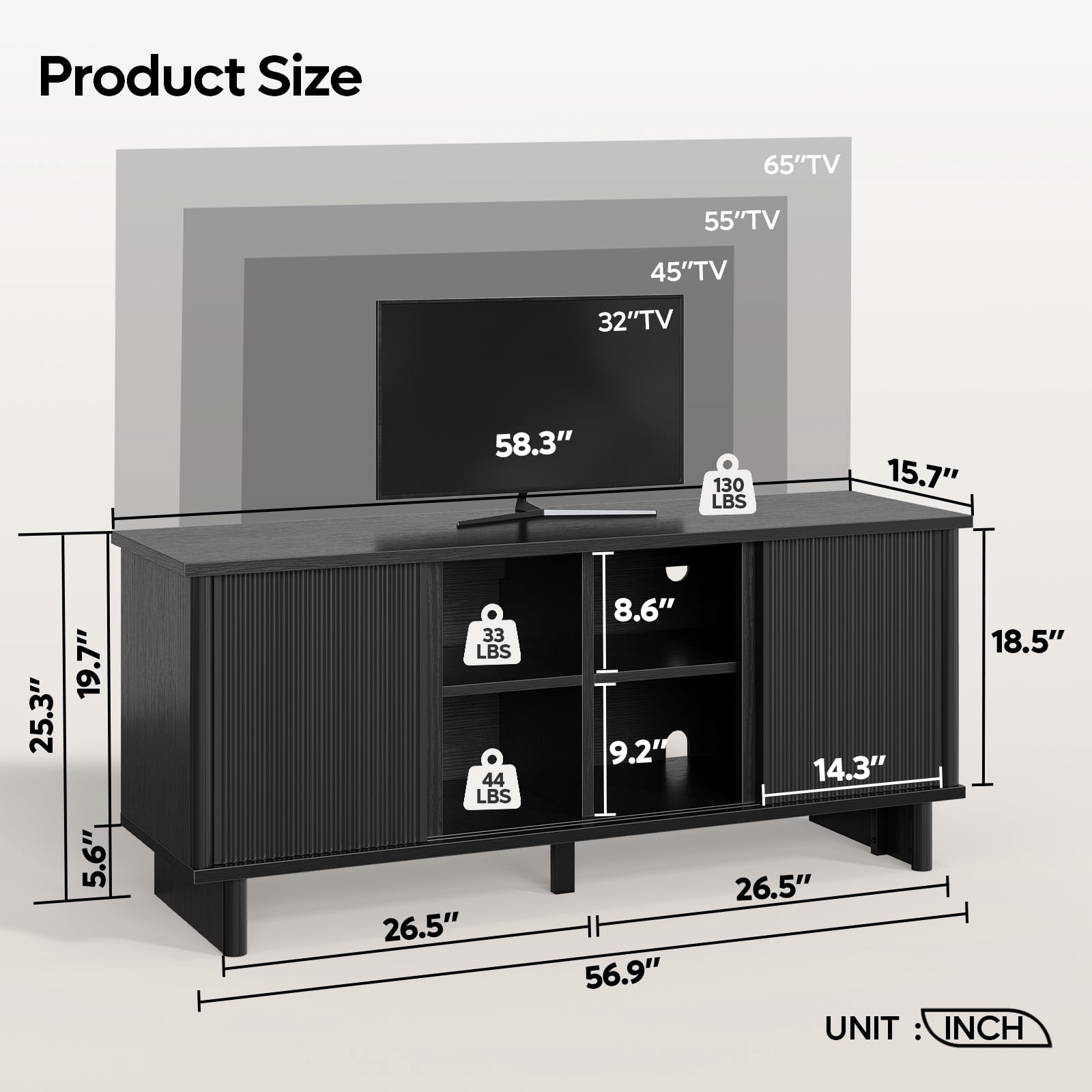 Bestier Fluted TV Stand for 65 inch TVs,Entertainment Center with 4-Sliding Doors,Height Adjustable Shelves,Media Console Table with Cable Management, TV Cabinet for Living Room,Black