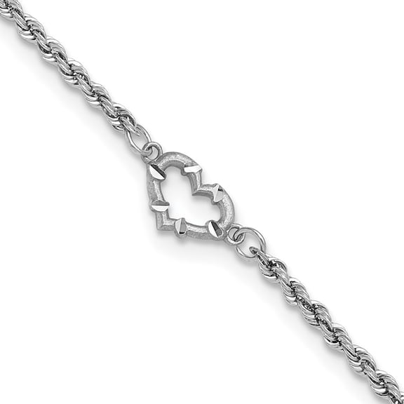 10k White Gold Diamond-cut Open Heart and Rope Chain 9 inch Anklet