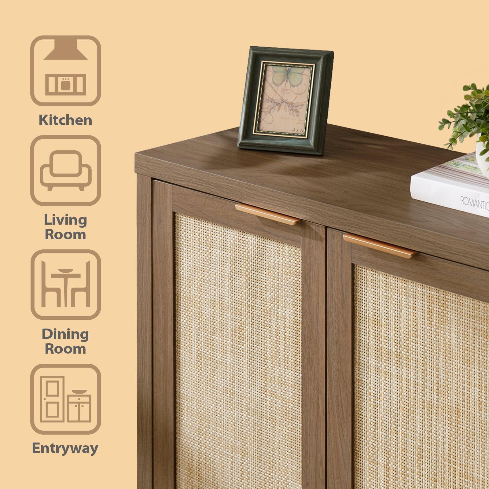 ARKANTOS Rattan Sideboard Buffet Cabinet with Adjustable Shelf, Set of 3, Walnut