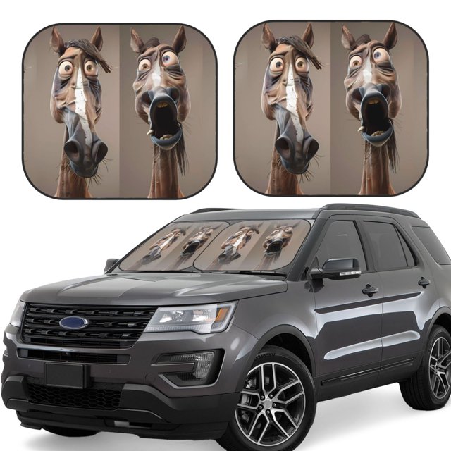 Wukai Funny Horse Faces Expressions Car Front Windshield Sun Shade,Sun Visor Shield Block Automotive Interior Protector Blocks UV Rays-Medium