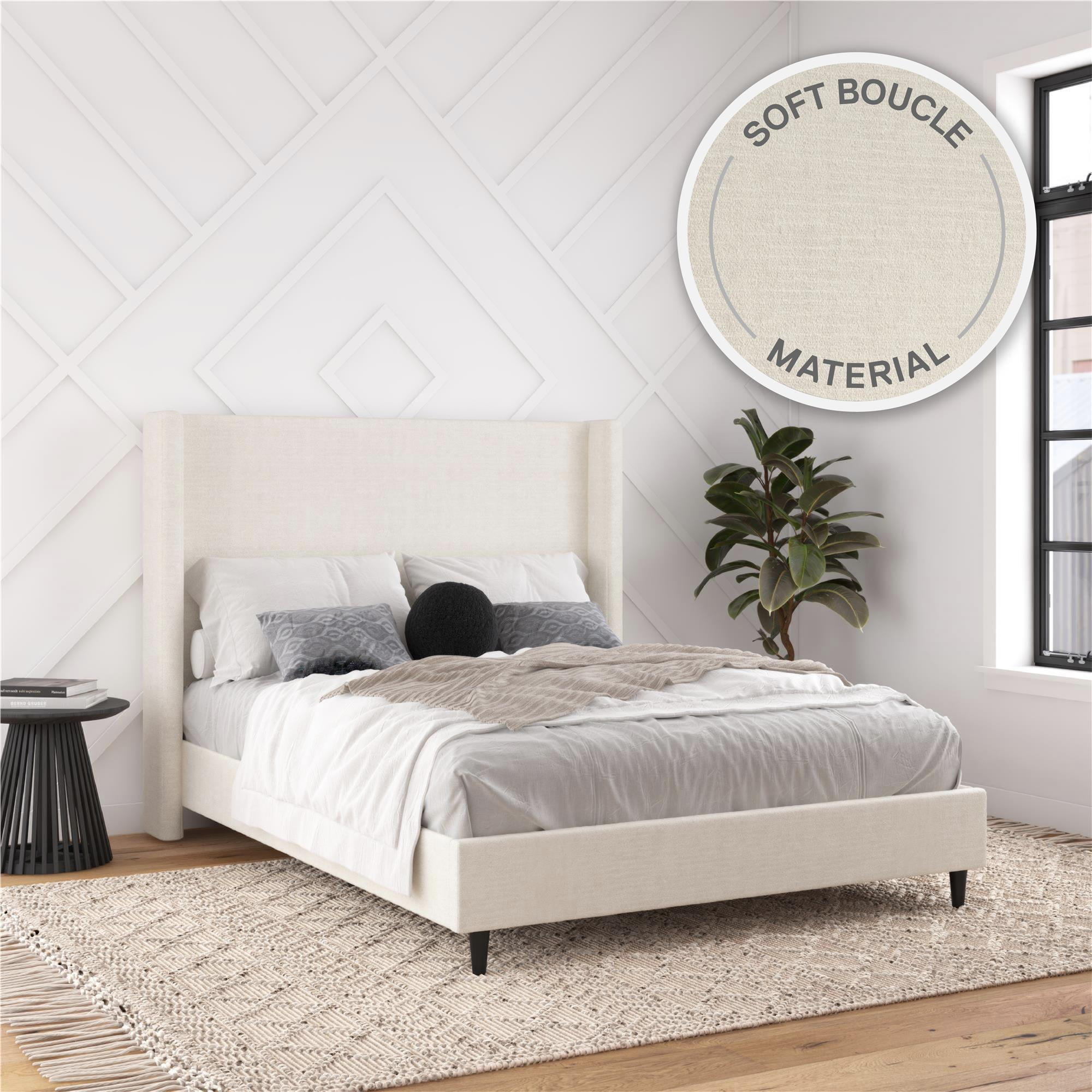 DHP Eveline Upholstered Platform Bed Frame with High Wingback Headboard, Queen, Ivory Boucle