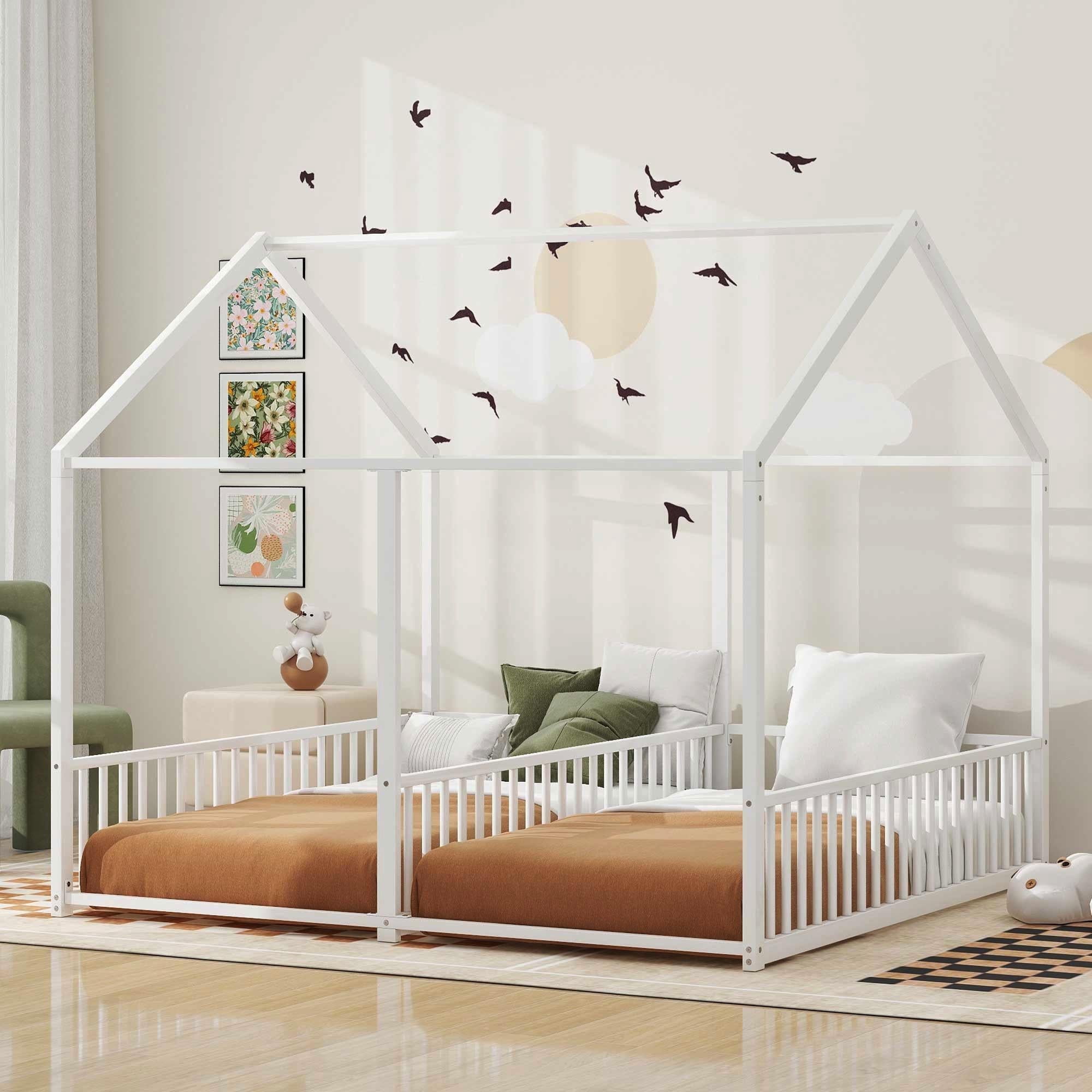 Bellemave Double Twin Size Floor Bed, Metal Shared Platform Beds for 2, Montessori House Bed Frame with Rails (White)