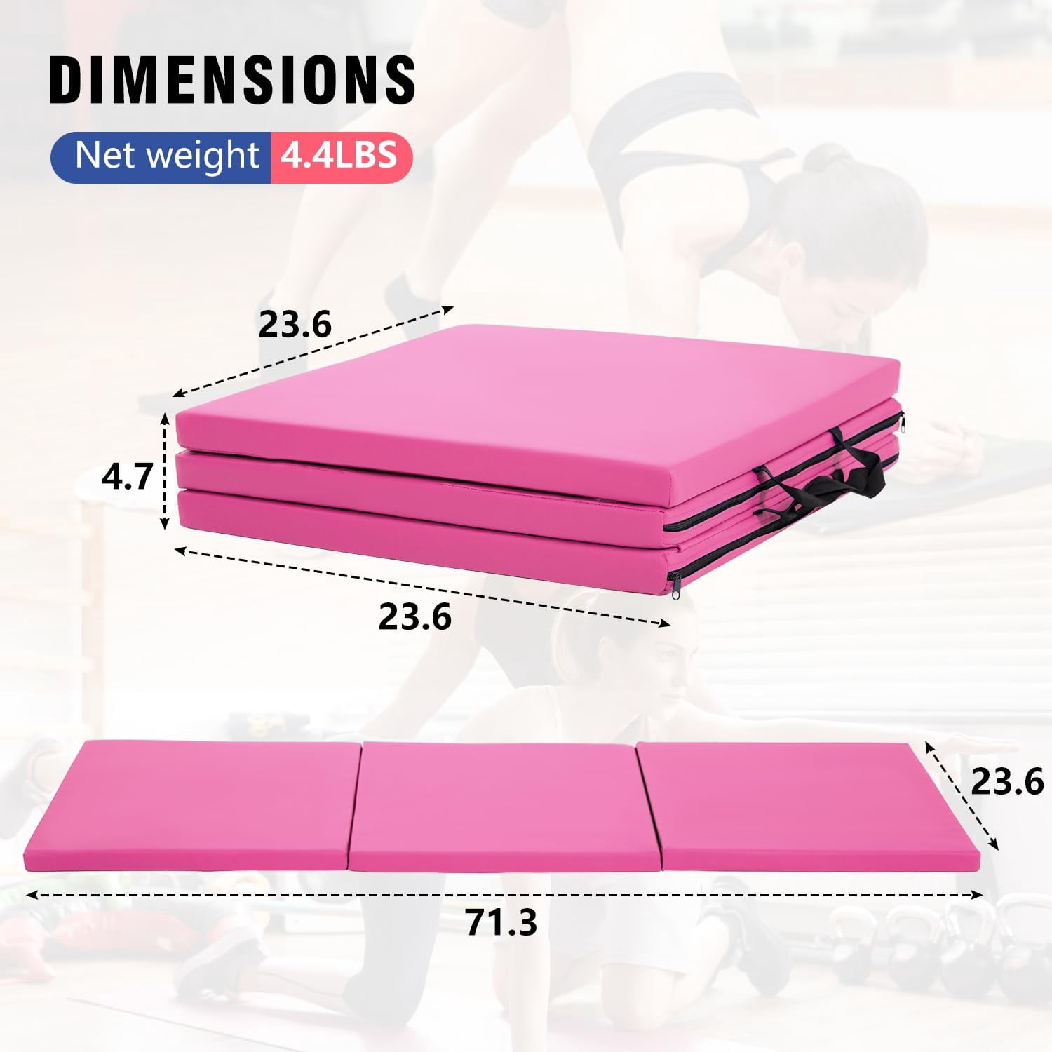 NiamVelo 6'x2'x1.5" Gymnastics Mat Folding Tumbling Mats 3-Fold Gymnastics Equipment PU Leather Exercise Mat Yoga Mat with Carrying Handles for Home Workout Outdoor,Pink