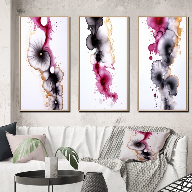 Designart "Ethereal Elegance Magenta Ink Clouds VI" Abstract Painting Framed Wall Art Set Of 3 - Gold Modern Frame Gallery Wall Set For Home Decor