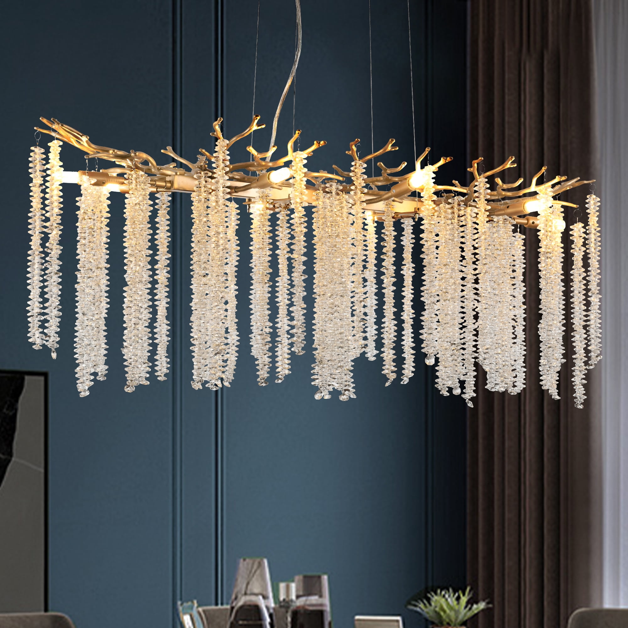 Modern Crystal Tree Branch Chandelier, Gold Linear Art Deco Raindrop Indoor Hanging Pendant Light Fixture for Dining Room Kitchen Island Living Room Bedroom 8 Lights 39.4''