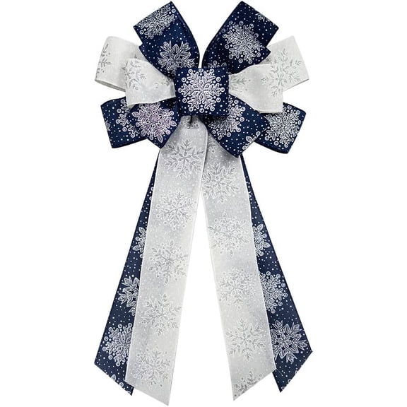 Large Christmas Bow for Wreath, Blue White Cotton Bows for Front Door Wall Fence Decor, Christmas Snow Wreath Bow Tree Topper Bow for Winter Christmas Party Decoration Supplies