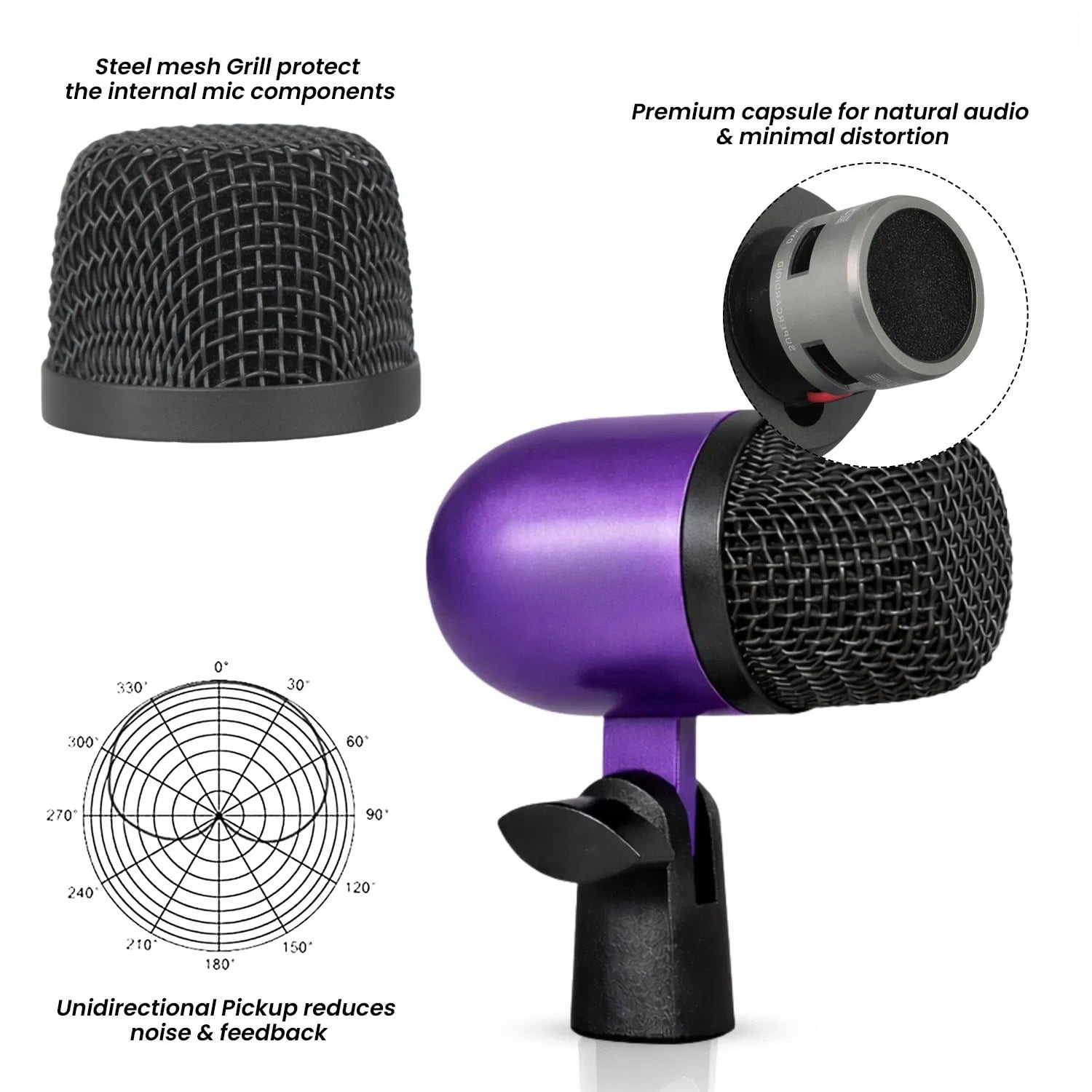 Bass Microphone, Portable Microphone, Clip-on Microphone, with Desktop Stand and XLR Interface, Suitable for Recording Studios and Concerts
