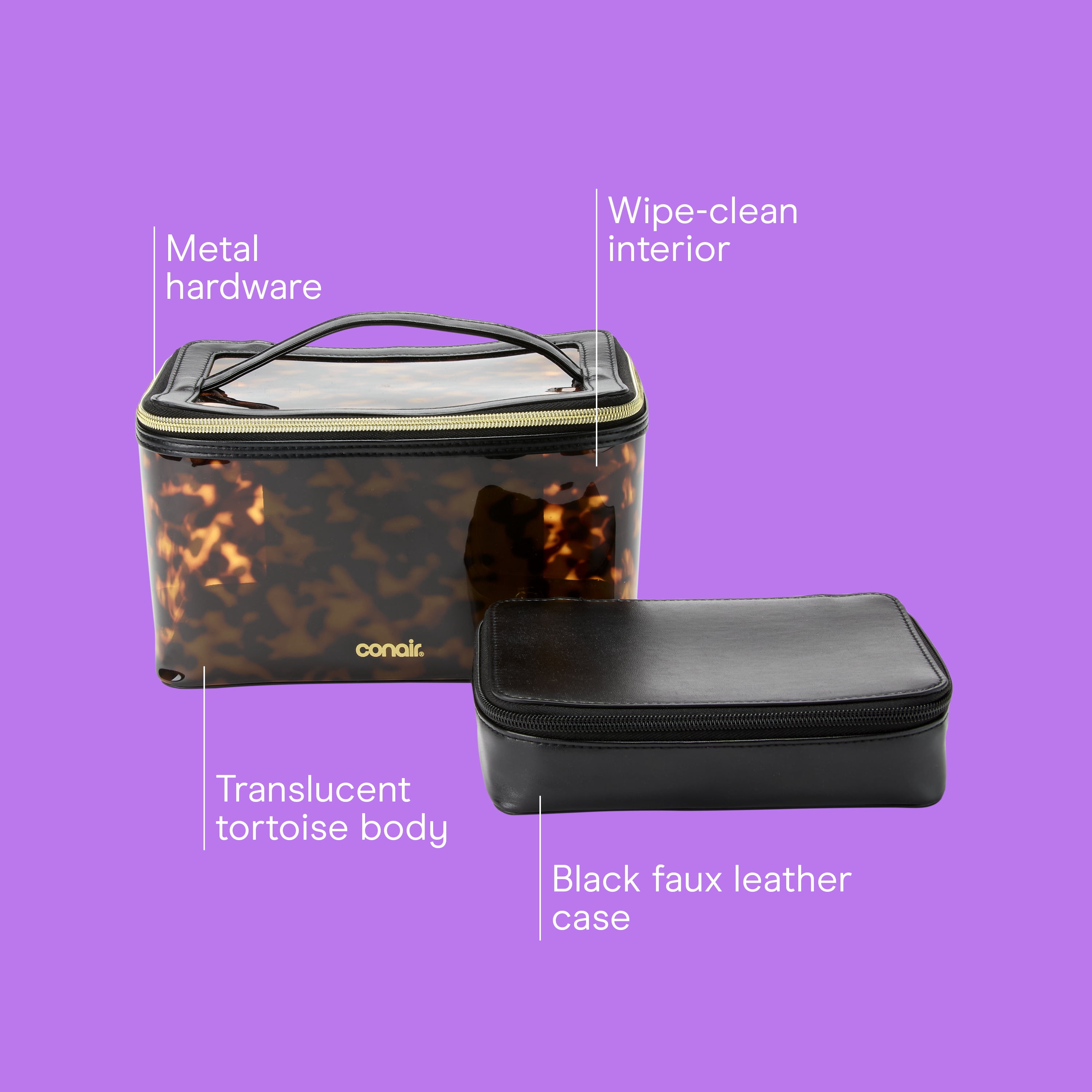 Conair Tortoise Train Case, Travel Makeup Bag with Faux Leather Pouch, 2-Piece Set
