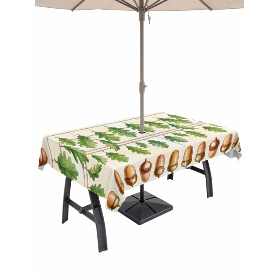 Outdoor Tablecloth with Umbrella Hole for Patio/Picnic/Party/Camping, Summer Botanical Waterproof Table Cloth Rectangle Table Cover Washable, Acorn Spring Plant Leaves Ombre (60"x 102")