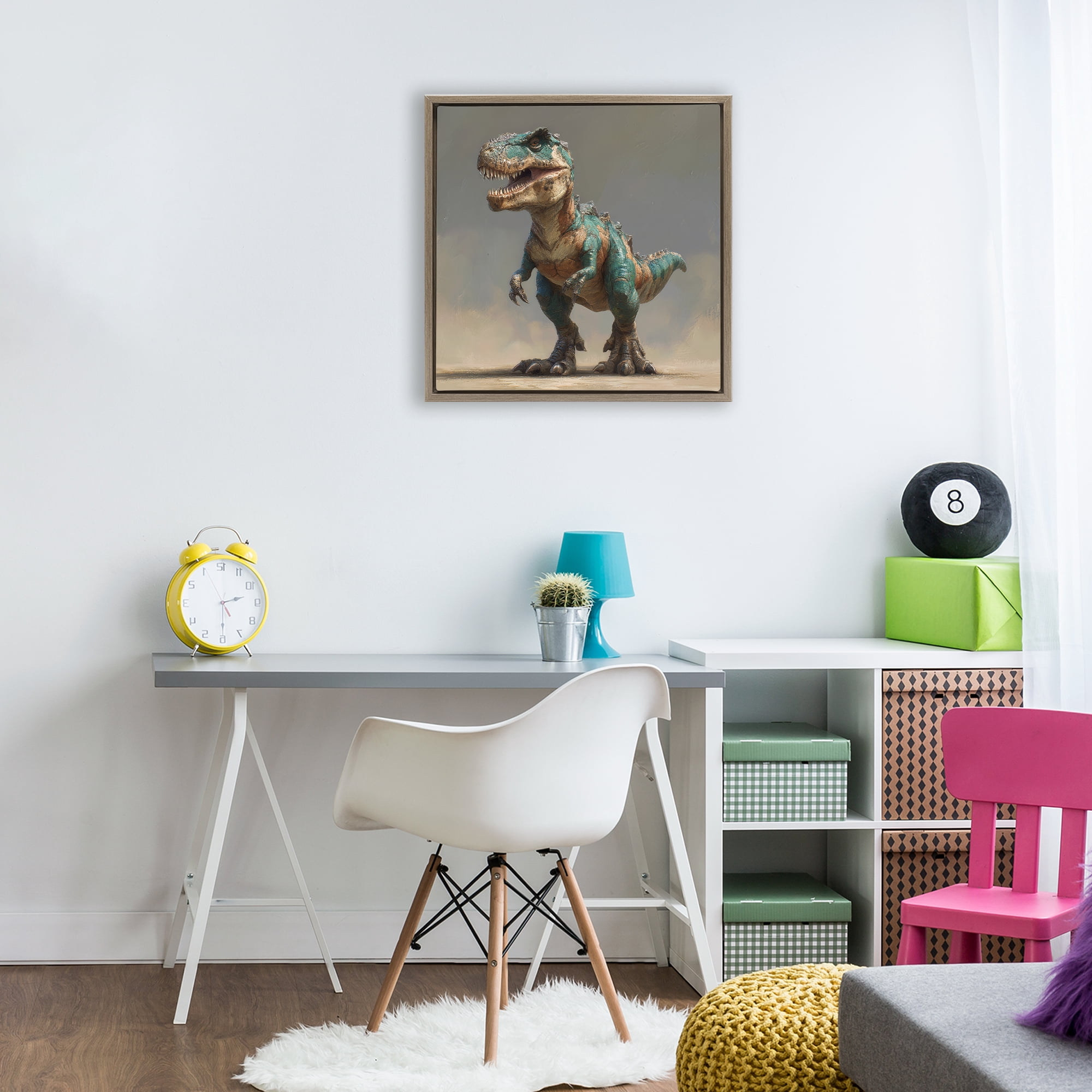 Stupell Industries Turquoise T-Rex Study Brown Framed Floater Canvas Wall Art, design by Wumples