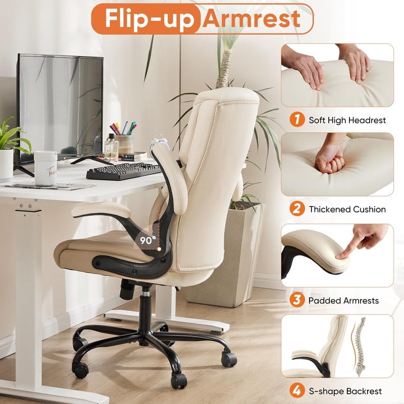 Kelno PU Leather Executive Office Chair with Flip Up Armrest Ergonomic Drafting Chair,White
