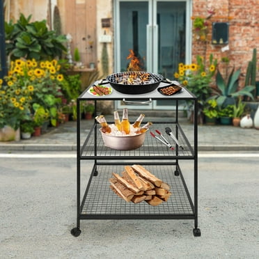 Miumaeov 3 Tire Outdoor Grill Dining Cart BBQ Trolley Kitchen Shelf Storage Rack Movable Food Prep Worktable with Wheels and Handle