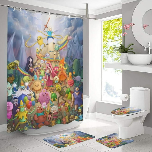 Juego de 4 cortinas de ducha de Adventure Time con alfombra antideslizante, tapa de inodoro y alfombrilla de baño absorbente en forma de U, cortinas de ducha de tela duraderas e impermeables con 12