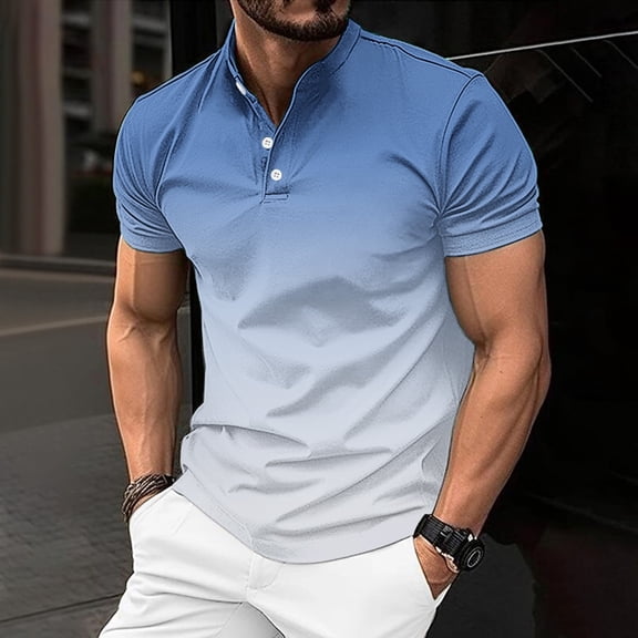 HOOMEUMY Men's Henley Shirts 2025 Trendy Gradient Shirts Round Neck Tops Stylish Slim Fit Casual Blouse Workout Summer Basic Short Sleeve Basic Tees Blue XXXL