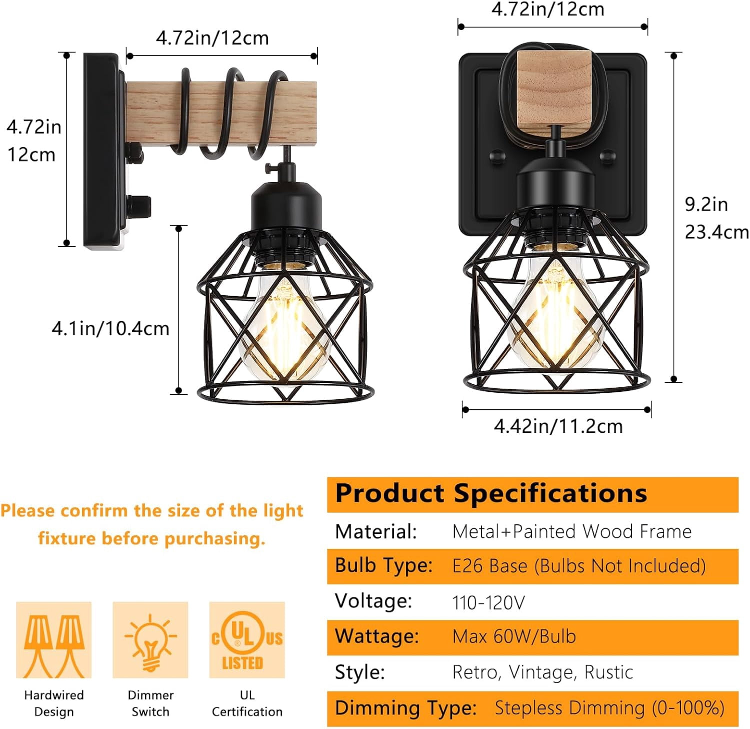 Dimmable Wall Sconces with Rotary Switch Set of 2 Wall Lights Wall Mounted Lamp Wooden Bathroom Light Fixtures with Metal Cage Hardwired Farmhouse Wall Lights for Bedroom Living Room