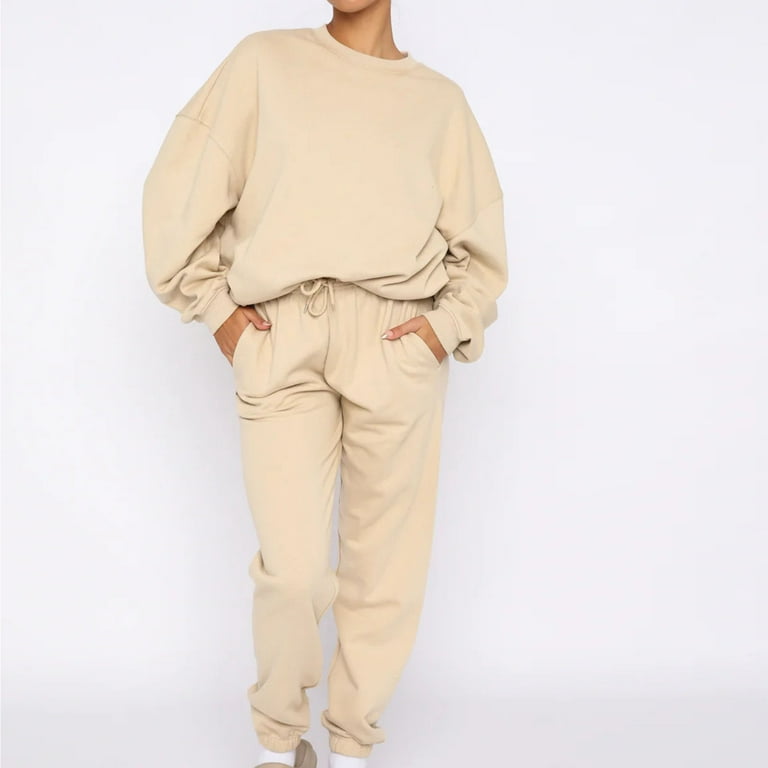 Jalioing Sweatsuit Women Hoodless Matching Tracksuit Sets Tapered Sweat  Pants Crewneck Pullover Tops Classic Outfits (Medium, Beige)