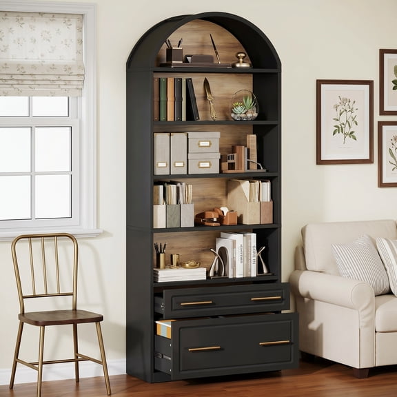 Fnova 76.8" Tall Arched Bookcase, 5-Tier Bookshelf with File Cabinet Drawer, Large Open Display Storage Shelves for Home Office, Living Room, Black