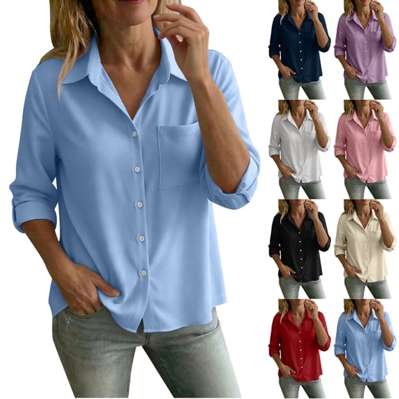 VBVC Women's Collared Button Down Shirt , Business Casual Work Blouse For Women , Ladies' Lightweight Long Sleeve Top with Pockets, Beige , S-2XL