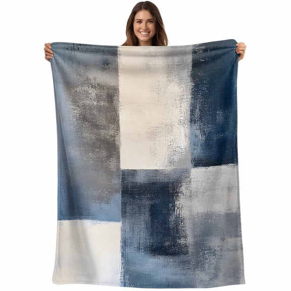 Abstract Navy Blue Gray Checkered Throw Blankets, Modern Watercolor Art Soft Fleece Blanket Decorative for Home Sofa Couch Chair Living Bedroom, 50x60 inches,