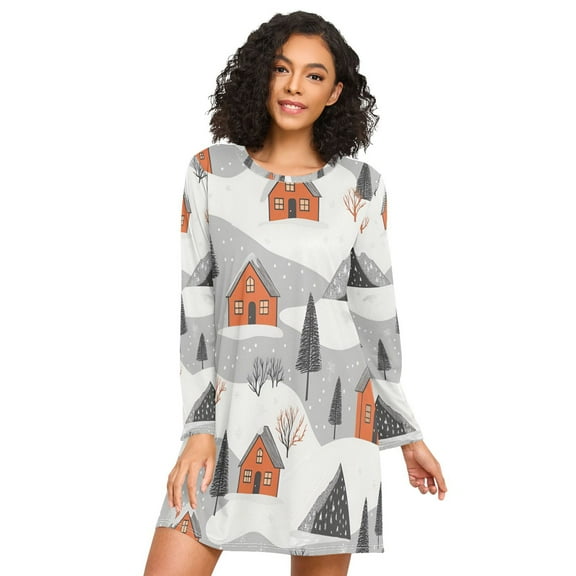 FORMRS Womens Long Sleeve Nightgowns Crew Neck Sleep Shirt Soft Pajamas Sizes S-3XL, Orange Cartoon Houses