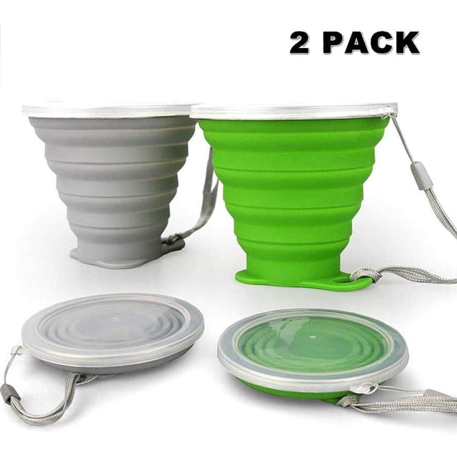 Taza de viaje plegable de silicona, taza plegable de silicona para acampar con tapas, juego de taza para beber expandible, sin BPA, reutilizable, portátil, graduado para viajes de senderismo al aire libre Sailing Electrónica