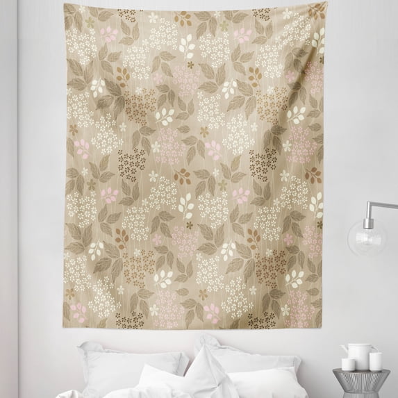 Floral Tapestry, Vintage Leaves Daisy Silhouettes Ornate Environment Elements Romantic Pattern, Fabric Wall Hanging Decor for Bedroom Living Room Dorm, 5 Sizes, Tan Pink Cream, by Ambesonne