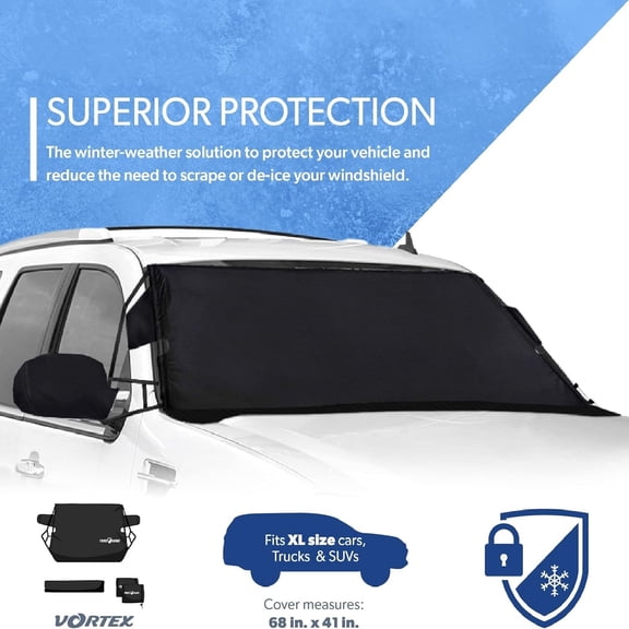 Full-Coverage Car Windshield Cover for Ice and Snow, XL Size (Black) - Wiper Blade   Side Mirror Covers - Fit-Fast Straps, Security Panels   Storage Pouch - for Trucks and SUVs