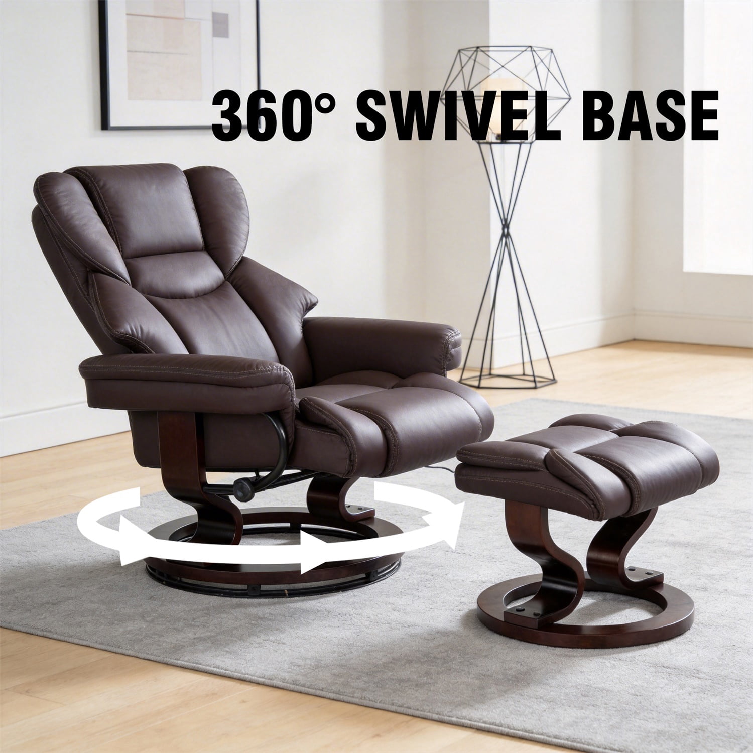 Hommoo 8-Point Massage Recliner with Ottoman, Heated Faux Leather Reclining Chair ,Bent Wood Base, Indoor Lounge TV Armchair with Footrest, Brown
