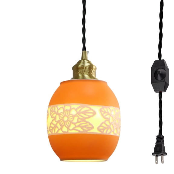 Kiven Plug-in Pendant Light Dimmable Lighting Retro Pendant Light with Ceramic Orange Shade Hanging Living Room Pendant Light Cord Color Can Be Customized Bulb Not Included