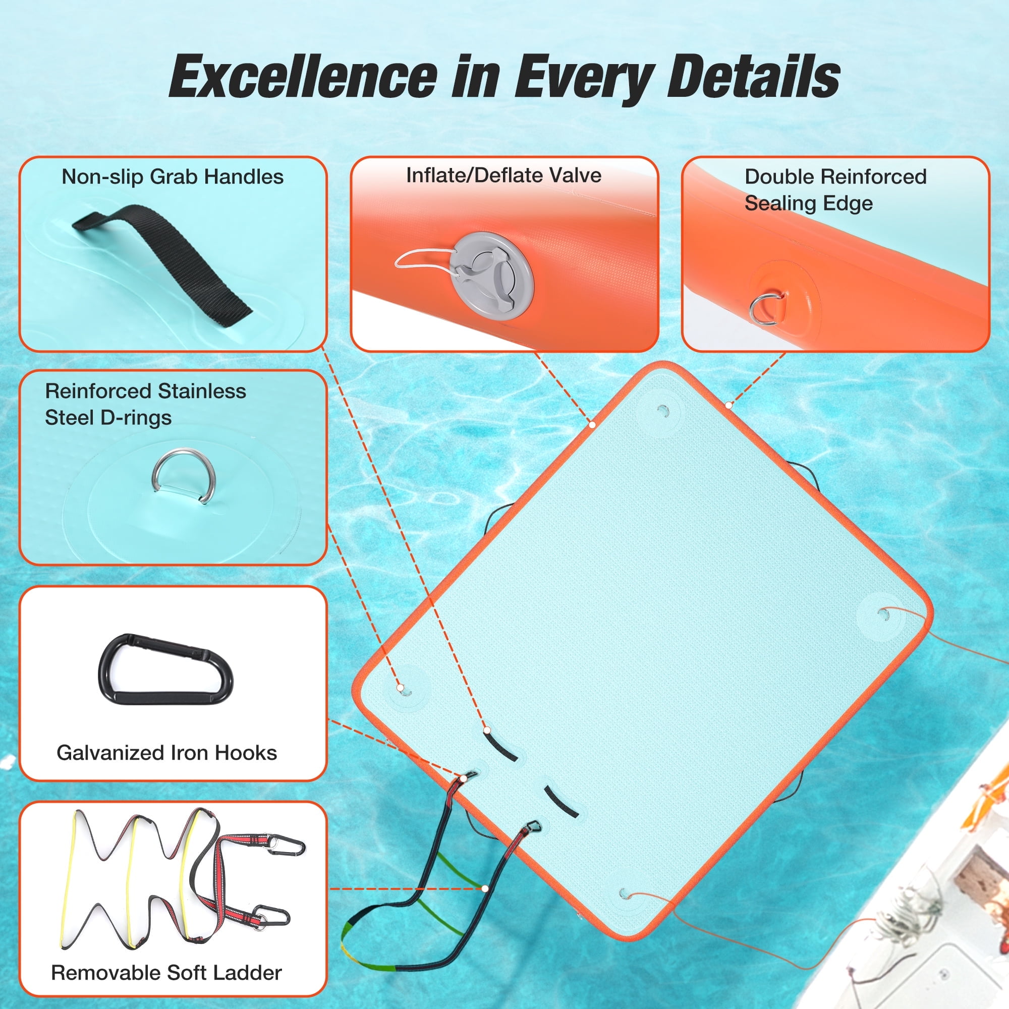 WARMOUNTS Inflatable Floating Dock, 8*6ft Air Inflatable Dock Platform, Non-Slip Water Island Float Raft with Rope Ladder for Ocean Lake River Boat