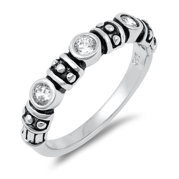 Round Bezel Set Clear Cubic Zirconia Beaded Design Stackable Ring Sterling Silver Size 5