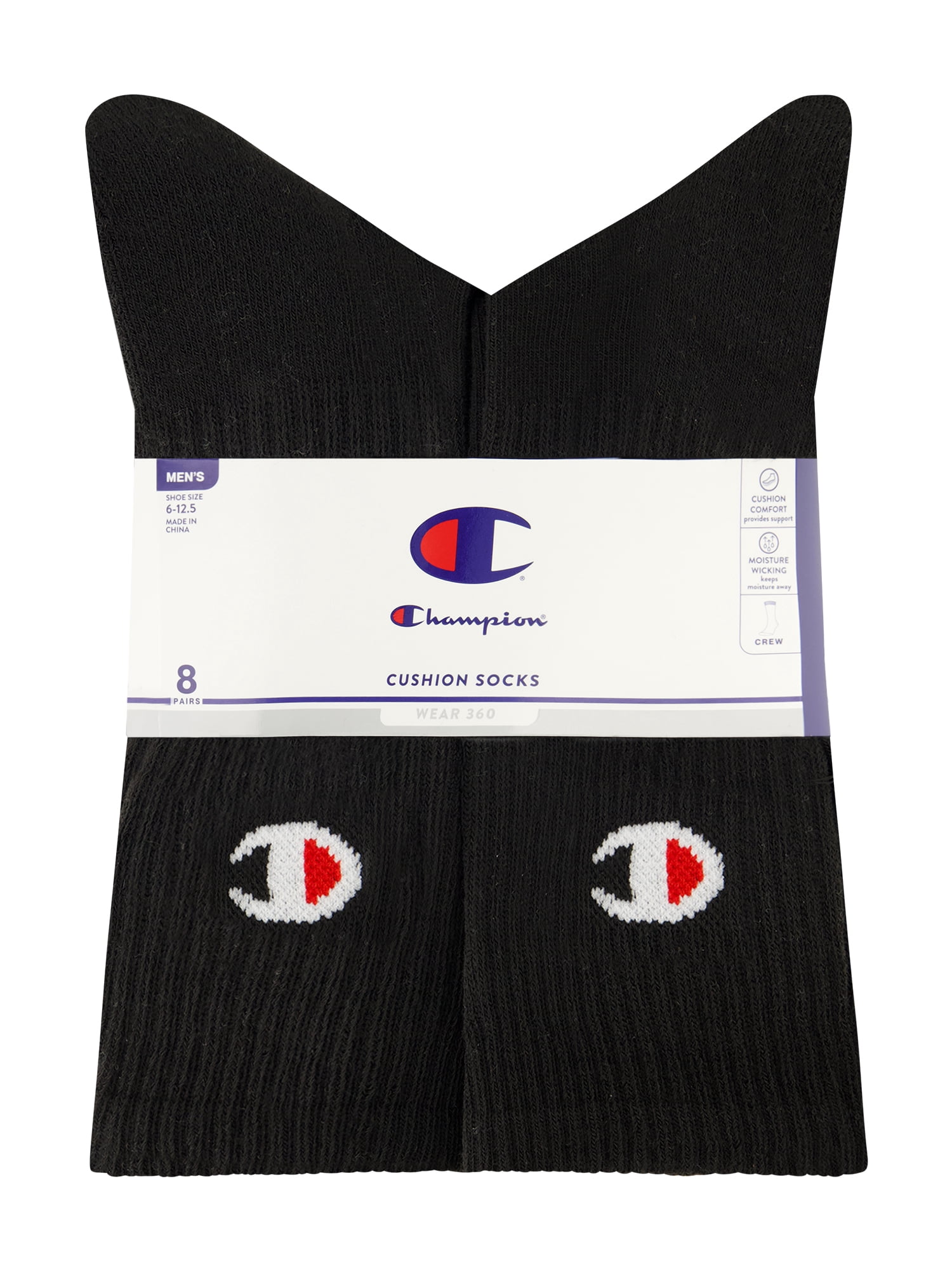 Champion Men’s Crew Socks 8 Pack – Half Terry Cushion, Moisture-Wicking, Arch Support, Reinforced Toe & Heel, Sizes 6–12.5