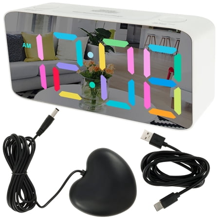 Vibrating Alarm Clock Large LED Display RGB Digital Clock with 15 Colors Vibrator Night Light Bedside Mirror Clock Desk Clock Adjustable Brightness Volume Time RGB Lighting for Office