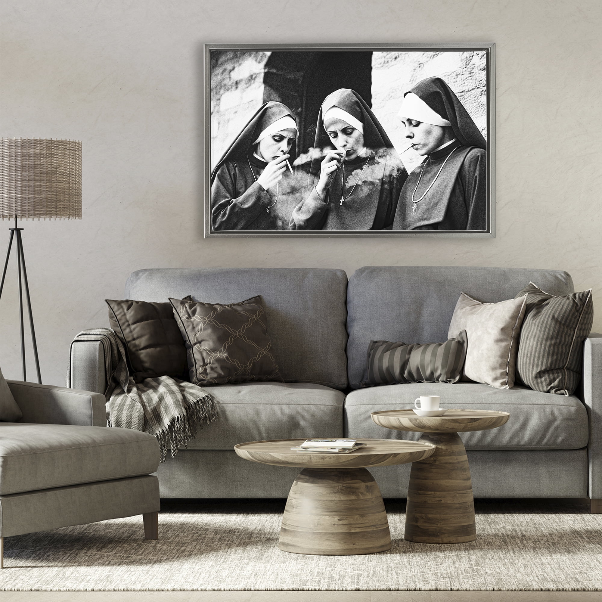 Smoking Nuns Rebellion Gray Framed Floater Canvas Wall Art, design by Decent Exposures