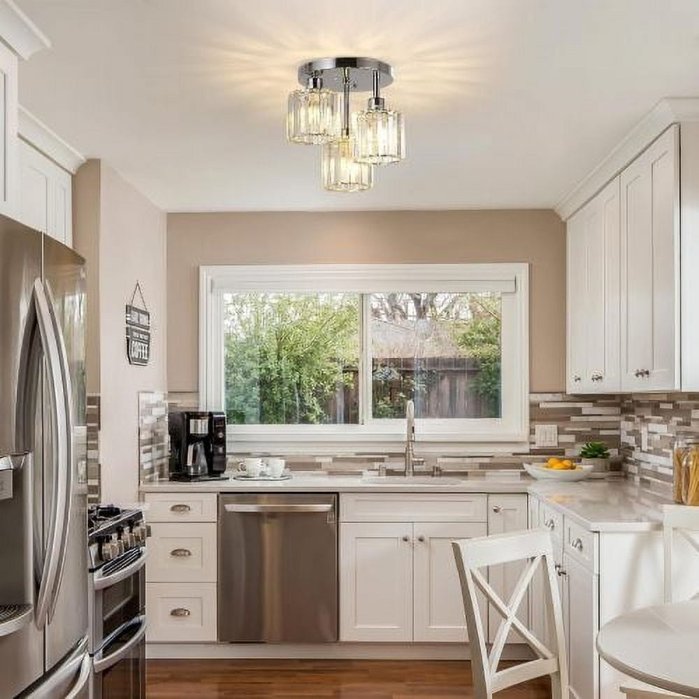 Modern Semi Flush Mount Ceiling Light,3-Light Crystal Close to Ceiling Light Fixtures,Golden Kitchen Light Fixtures with Clear Crystal Shade,Hallway Light Fixtures for Hallway Bedroom Bathroom